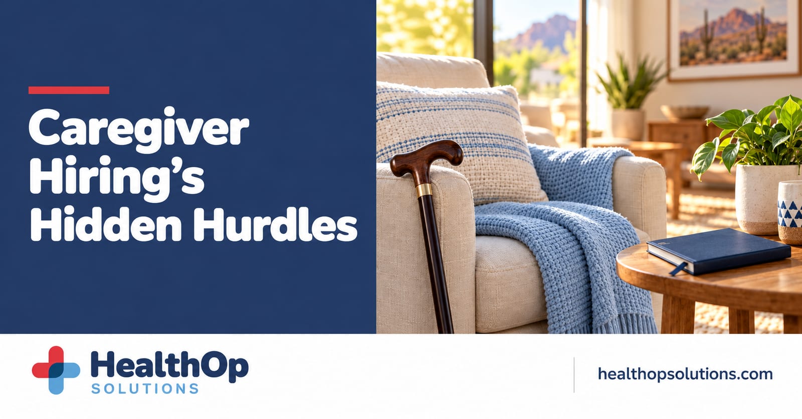 A HealthOp landscape graphic titled Caregiver Hiring’s Hidden Hurdles beside a sunlit Arizona living room with an armchair, blue blanket, walking cane and notebook.
