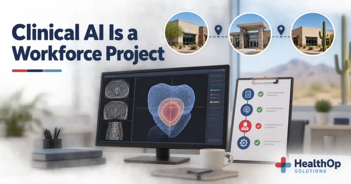 Branded illustration of a multisite Arizona urology practice reviewing a clinical AI workflow and three-dimensional prostate map