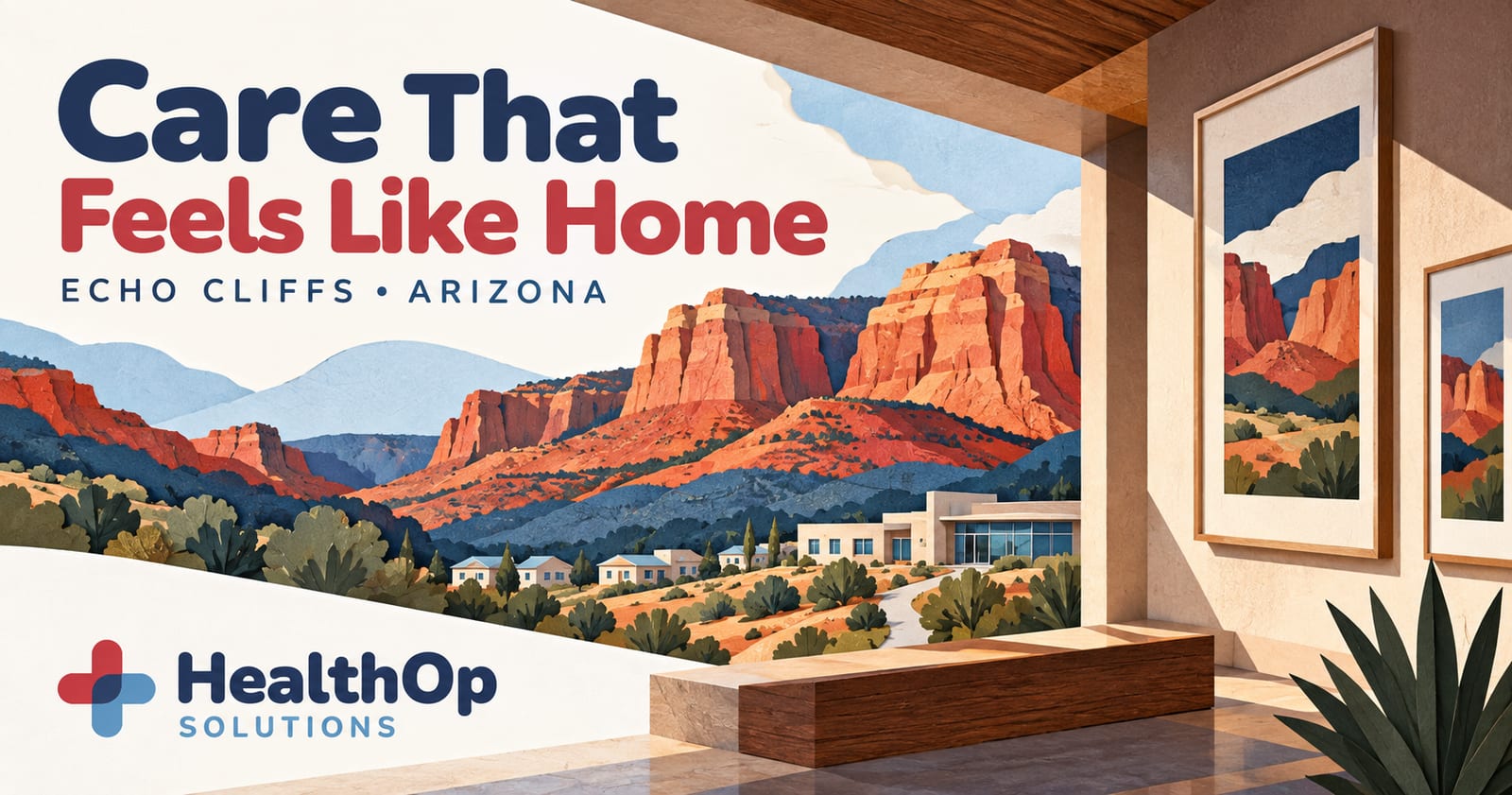 HealthOp illustration of Arizona cliffs, local art and a community healthcare setting.