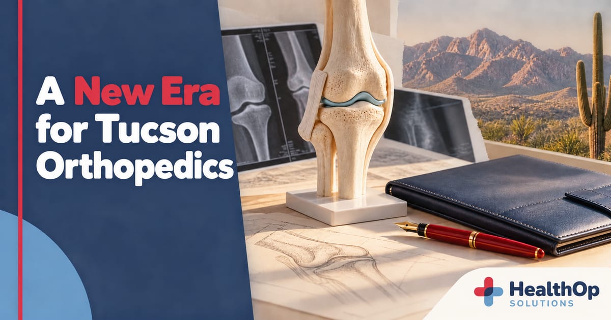 Editorial collage featuring a knee model, X-rays, executive portfolio and Tucson desert landscape