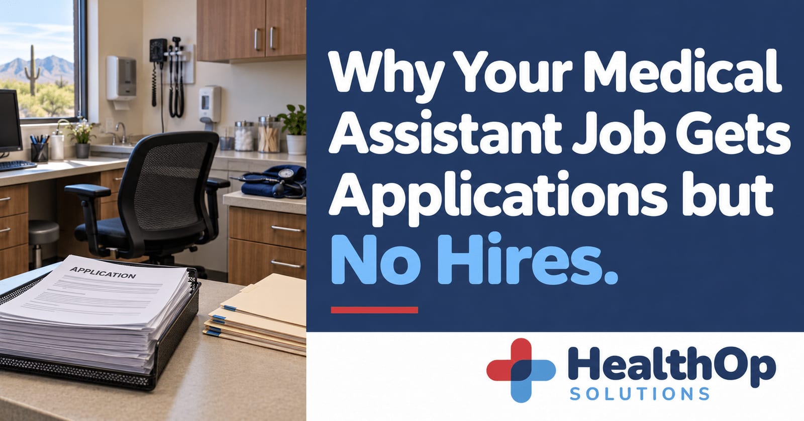 Landscape HealthOp graphic reading Why Your Medical Assistant Job Gets Applications but No Hires, with a stack of job applications and an empty medical-assistant workstation in an Arizona clinic.