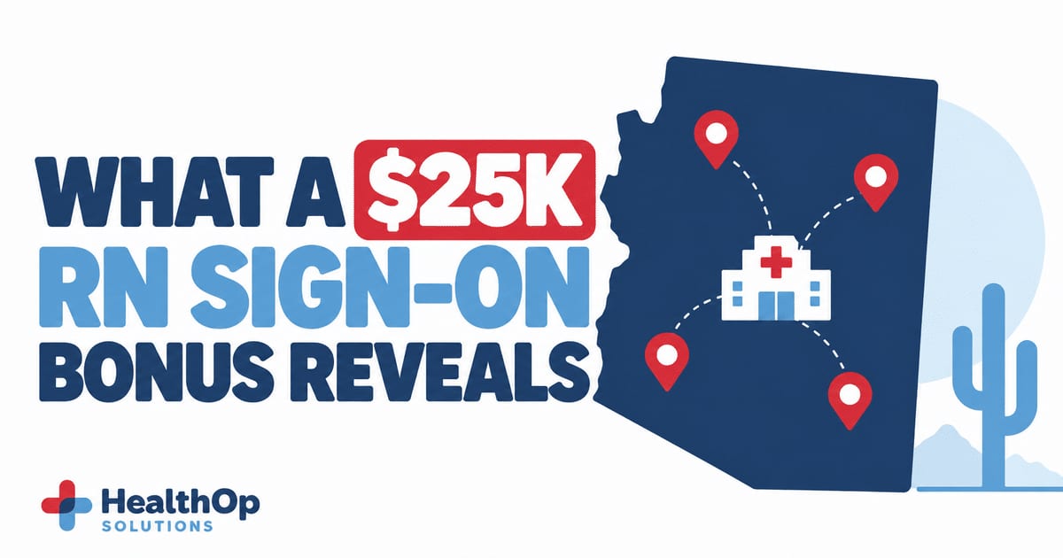 Arizona map with a $25K compensation tag and rural hospital location markers in HealthOp colors.