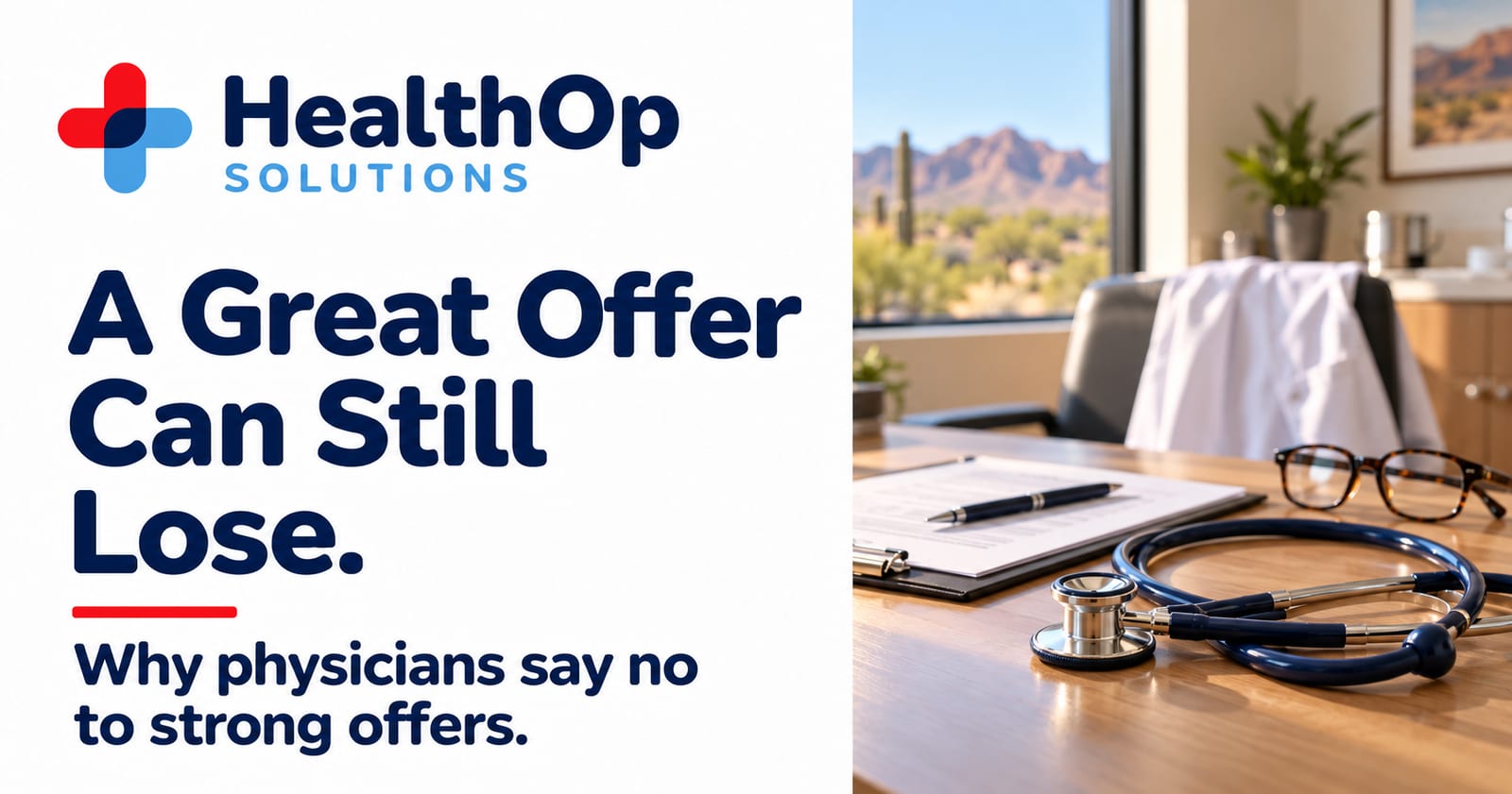 HealthOp graphic about physicians declining strong offers with a physician workspace, stethoscope, agreement and pen.