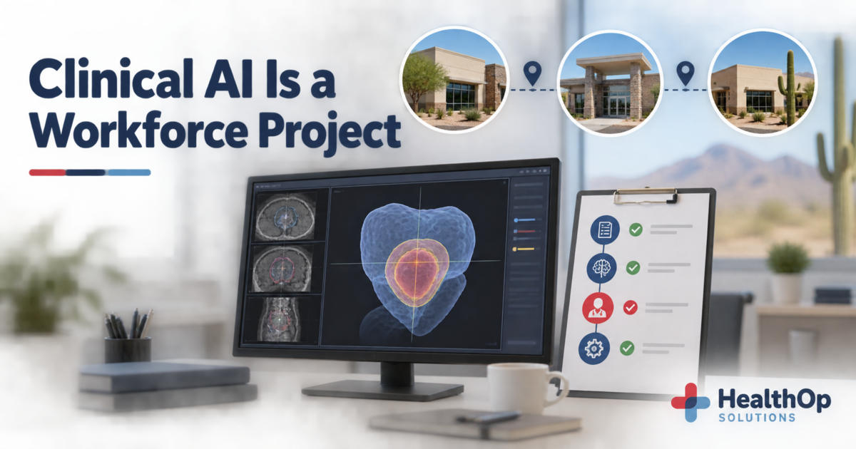 Arizona Urology Clinical AI Workforce Branded illustration of a multisite Arizona urology practice reviewing a clinical AI workflow and three-dimensional prostate map