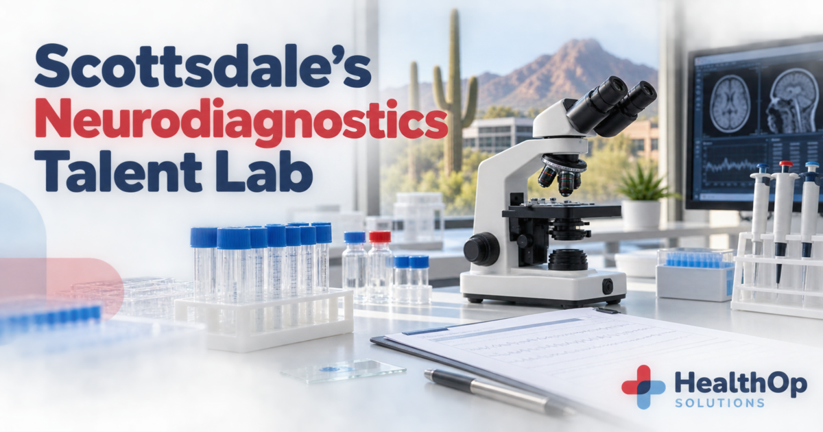 CND Scottsdale Neurodiagnostics Workforce Branded illustration of a Scottsdale neurodiagnostics laboratory connecting research, quality and product-development teams