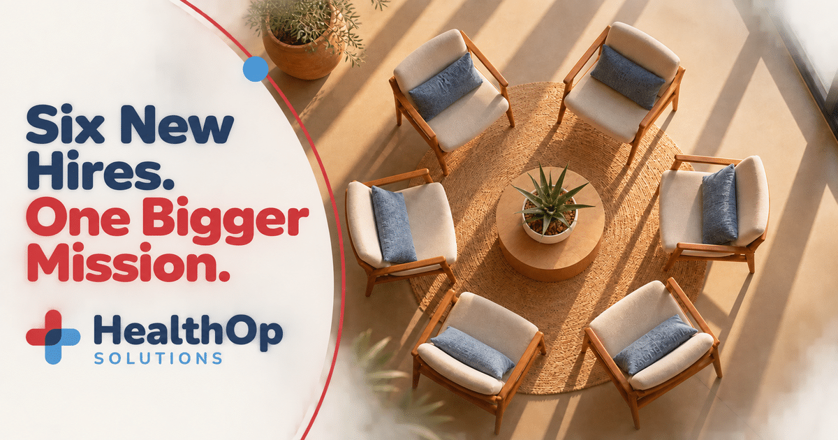 Six New Hires. One Bigger Mission. Overhead view of six chairs arranged around a desert plant in a warm Phoenix recovery-center group room