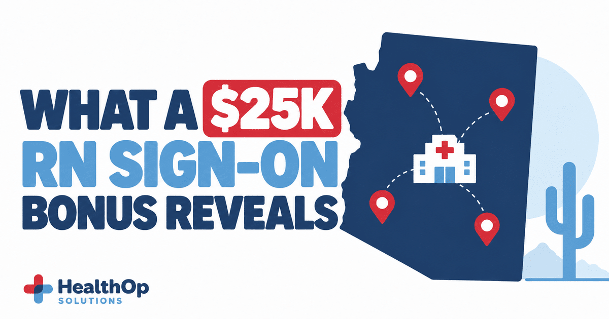 WHAT A $25K RN BONUS SIGNALS Arizona map with a $25K compensation tag and rural hospital location markers in HealthOp colors.